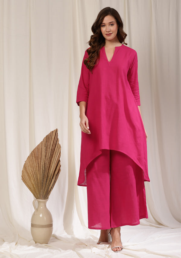 Fuchsia Asymmetric Cotton Kurta Paired with Pants