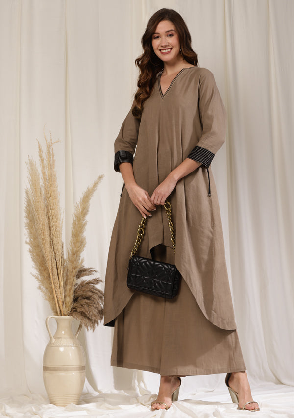 Brown Asymmetric Cotton Co-ord Set with Black and Bronze Trimmings