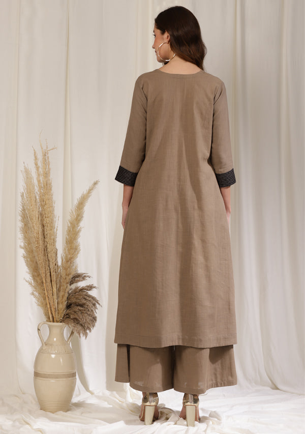 Brown Asymmetric Cotton Co-ord Set with Black and Bronze Trimmings