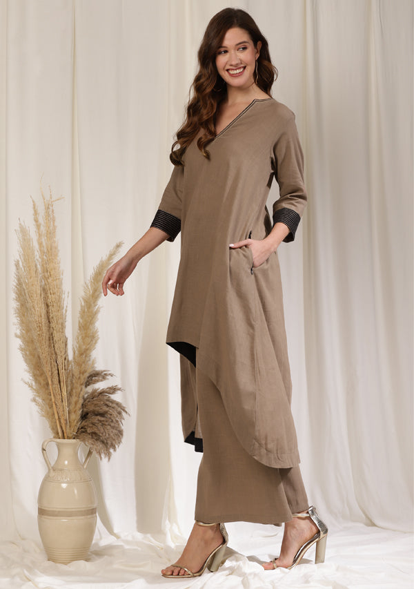 Brown Asymmetric Cotton Co-ord Set with Black and Bronze Trimmings
