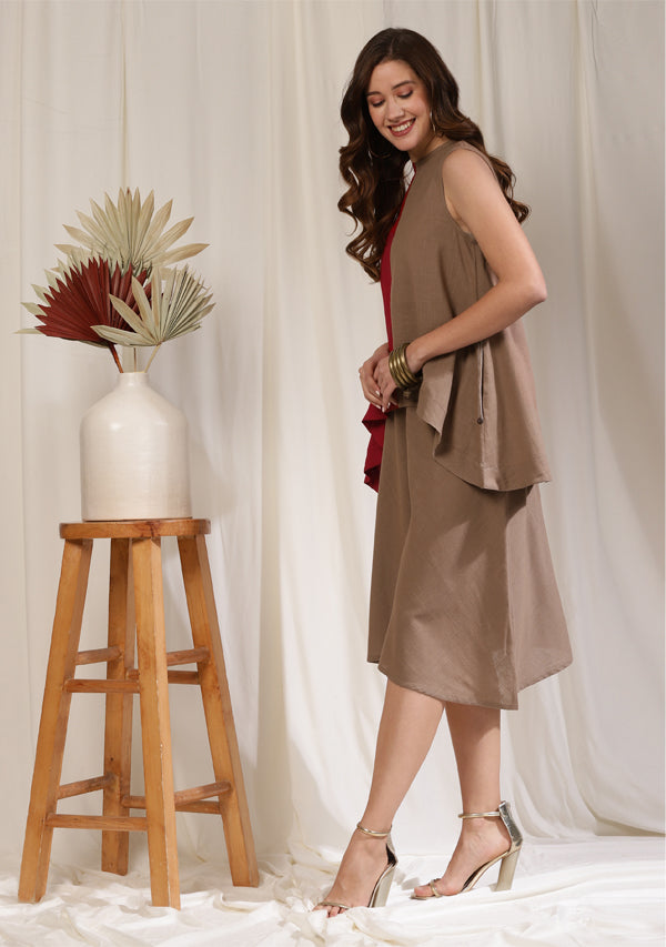 Brown Red Hand Block Printed Sleeveless Cotton Top with Mid Length Flared Pants