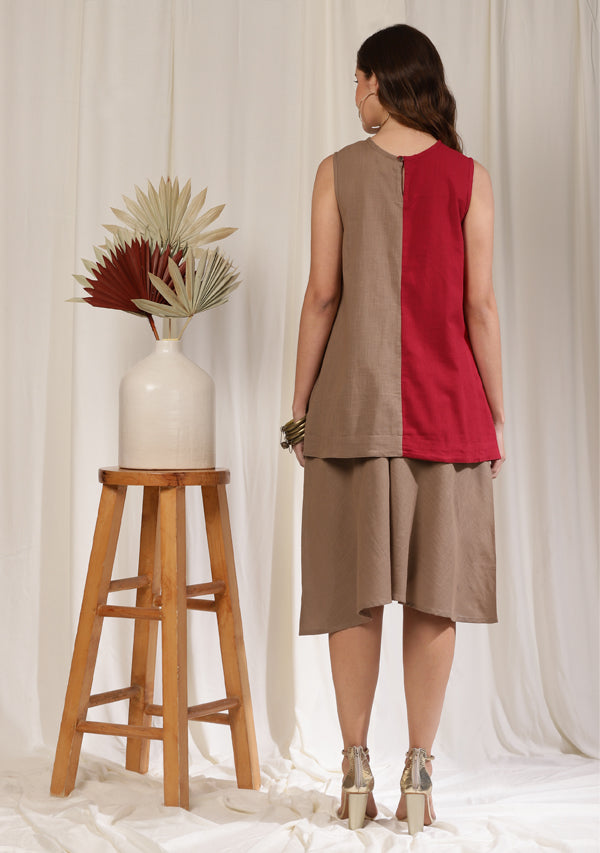 Brown Red Hand Block Printed Sleeveless Cotton Top with Mid Length Flared Pants
