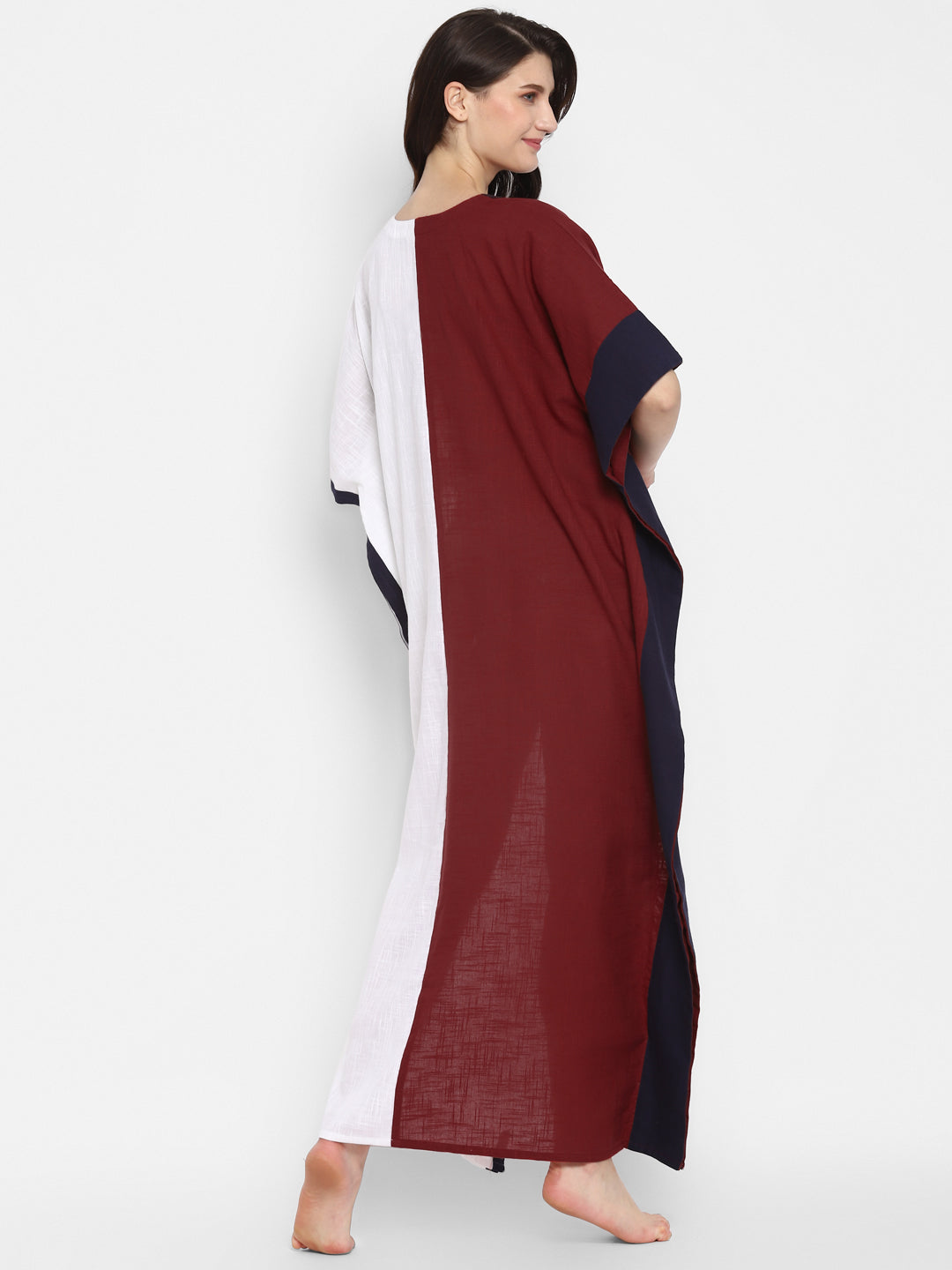 Maroon White V-Neck Cotton Kaftan with Contrast Stitch Lines
