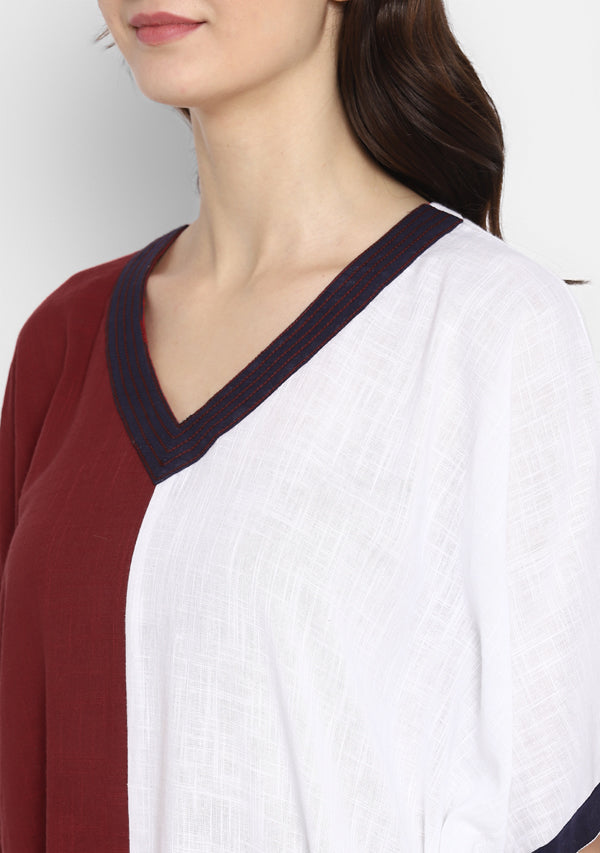 Maroon White V-Neck Cotton Kaftan with Contrast Stitch Lines