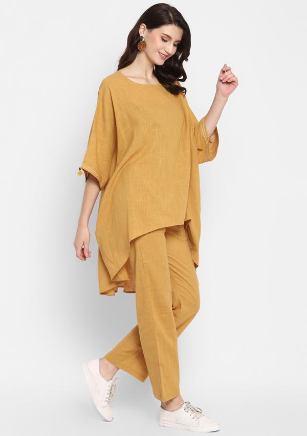 Mustard Yellow Asymmetric Cotton Tunic ( Only Top )