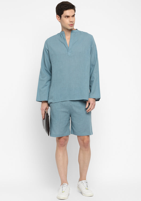 Smoke Blue Cotton Shirt and Shorts For Men
