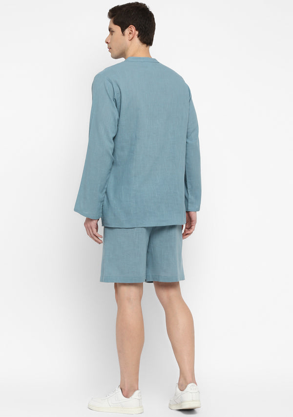 Smoke Blue Cotton Shirt and Shorts For Men