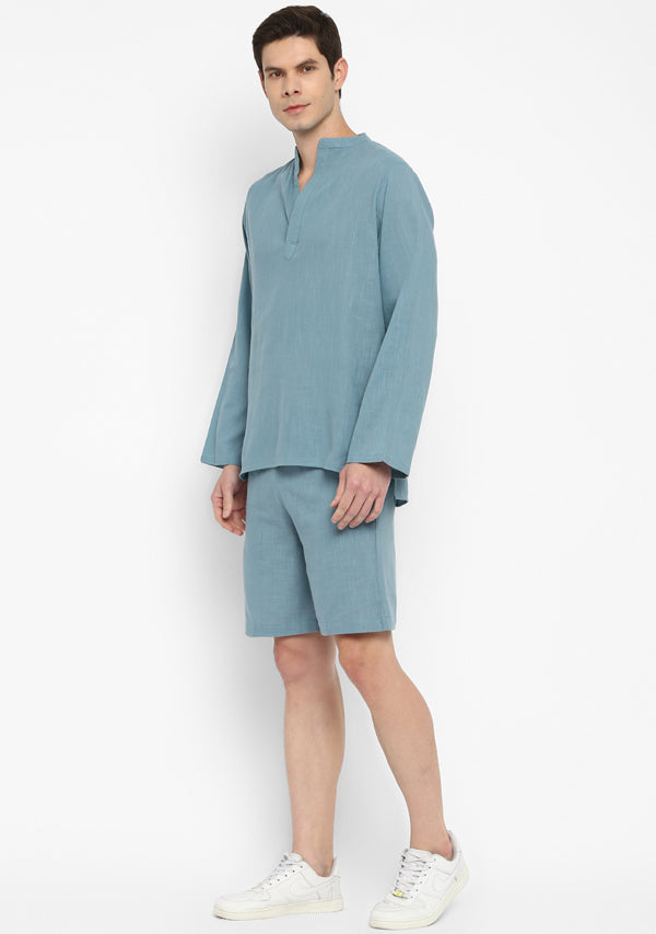 Smoke Blue Cotton Shirt and Shorts For Men
