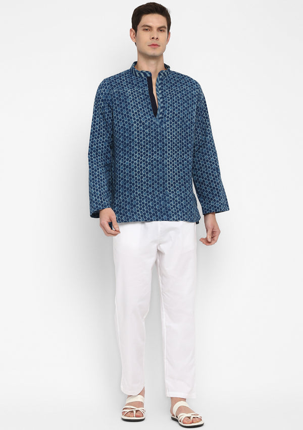 Indigo Ivory Hand Block Printed Cotton Shirt and Pyjamas For Men