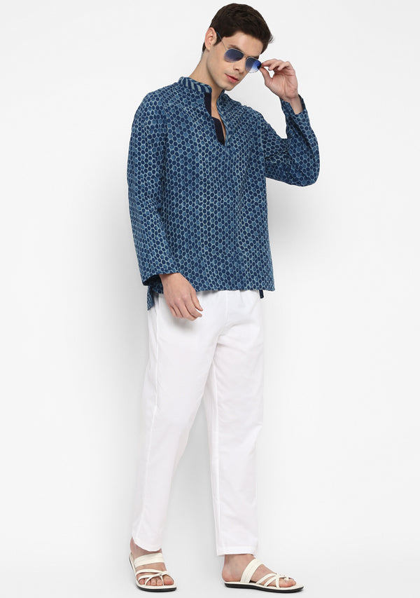 Indigo Ivory Hand Block Printed Cotton Shirt and Pyjamas For Men