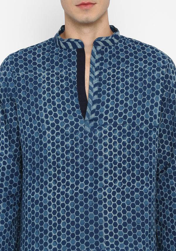 Indigo Ivory Hand Block Printed Cotton Shirt and Pyjamas For Men