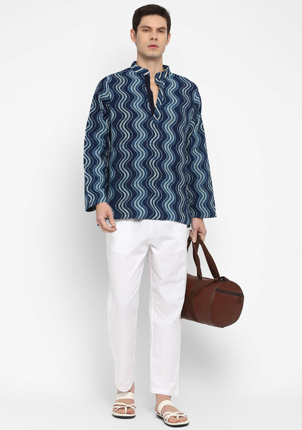 Indigo Ivory Hand Block Printed Cotton Shirt and Pyjamas For Men