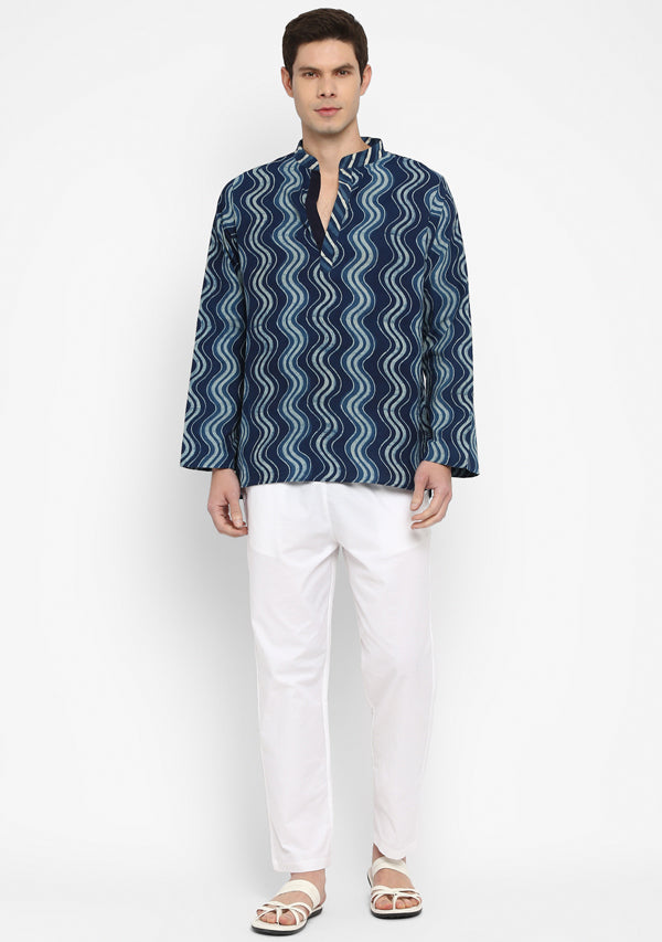 Indigo Ivory Hand Block Printed Cotton Shirt and Pyjamas For Men