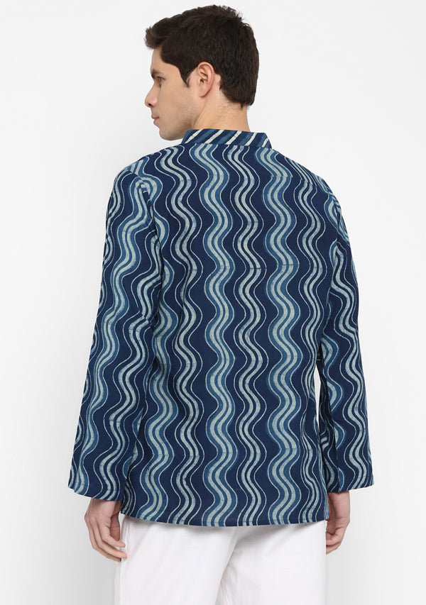 Indigo Ivory Hand Block Printed Cotton Shirt and Pyjamas For Men