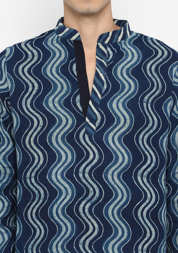 Indigo Ivory Hand Block Printed Cotton Shirt and Pyjamas For Men