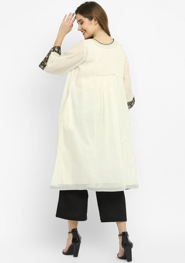 Ivory Mulmul A-Line Kurta Dress With Black Pintucks Paired with Cotton Pants/Slip