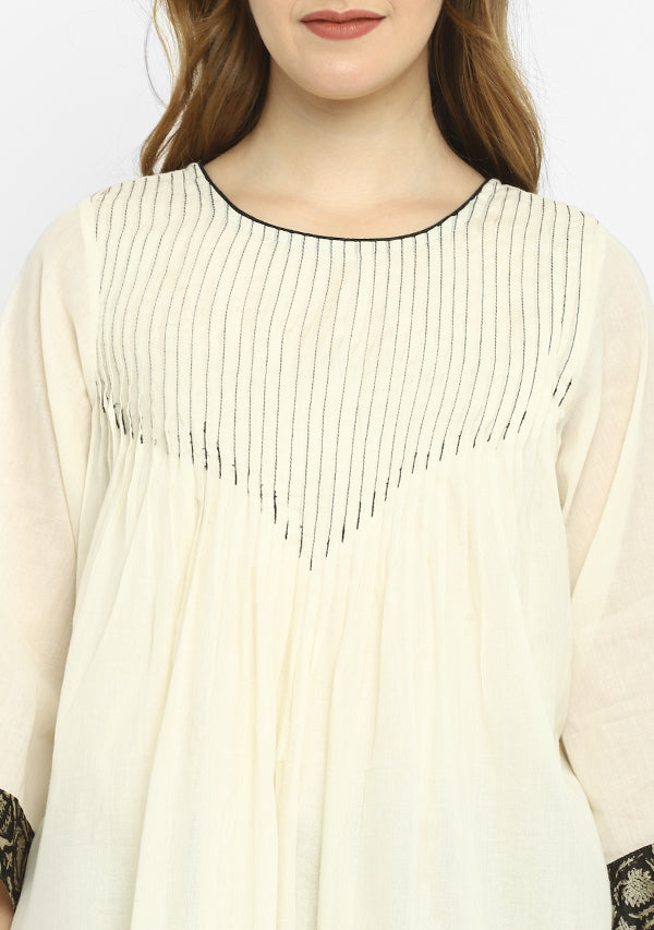 Ivory Mulmul A-Line Kurta Dress With Black Pintucks Paired with Cotton Pants/Slip