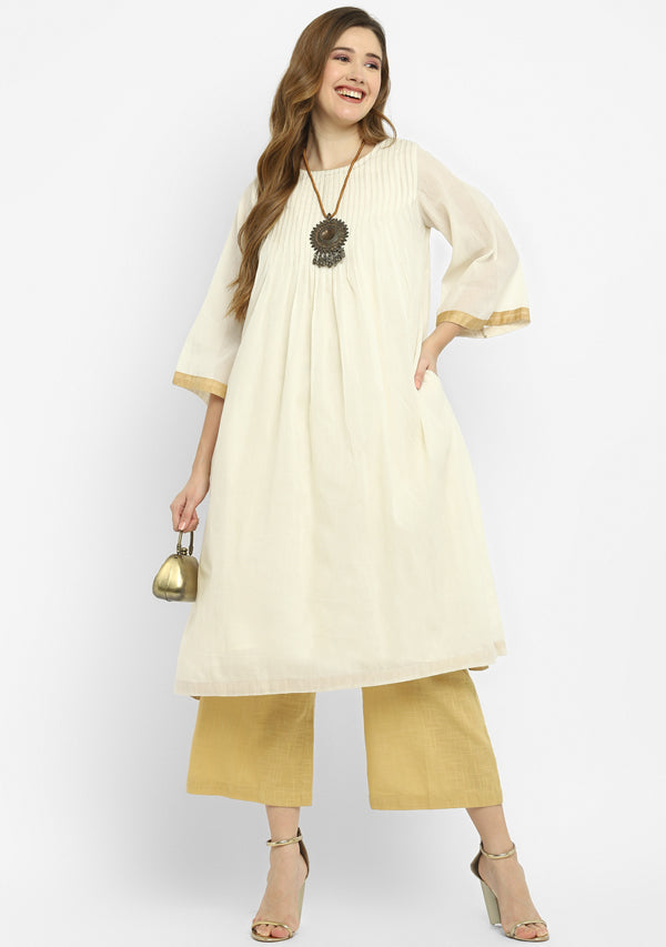 Ivory Mulmul A-Line Kurta Dress With Gold Pintucks Paired with Cotton Pants/Slip