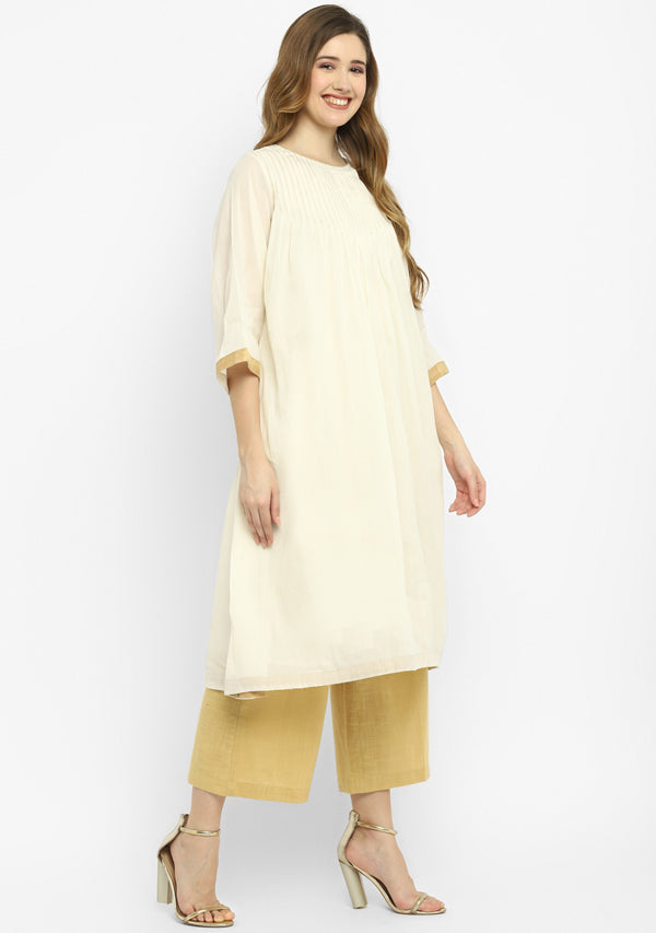 Ivory Mulmul A-Line Kurta Dress With Gold Pintucks Paired with Cotton Pants/Slip