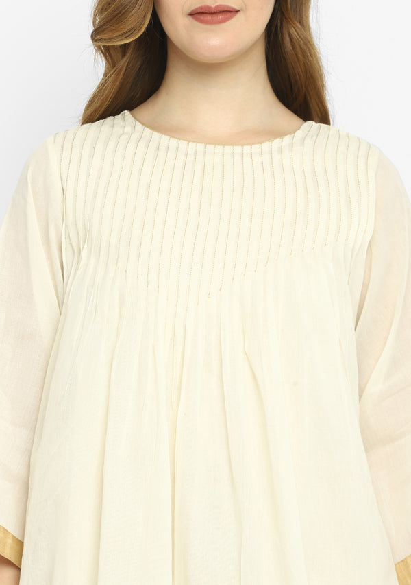 Ivory Mulmul A-Line Kurta Dress With Gold Pintucks Paired with Cotton Pants/Slip