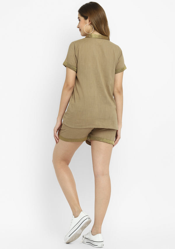 Luxe Khaki Brown Cotton Co-ord Set with a Touch Of Bronze!