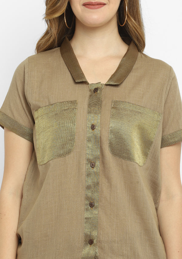 Luxe Khaki Brown Cotton Co-ord Set with a Touch Of Bronze!