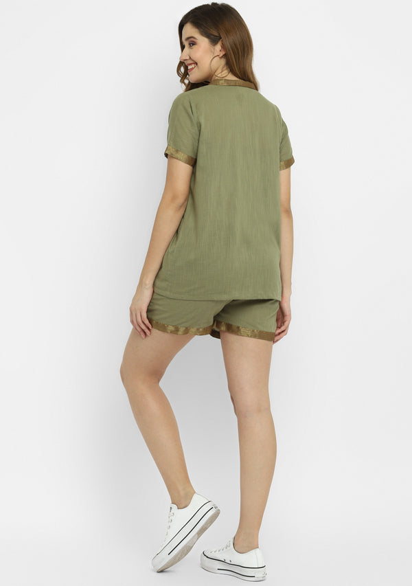 Luxe Olive Green Cotton Co-ord Set with a Touch Of Bronze