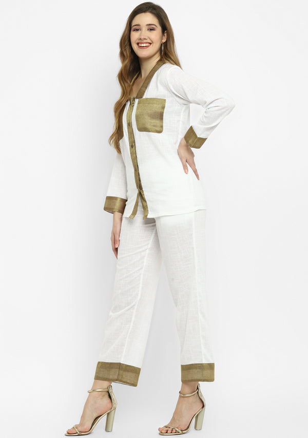 Luxe White Cotton Co-ord Set with a Touch Of Bronze!