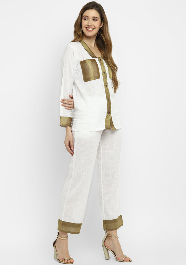 Luxe White Cotton Co-ord Set with a Touch Of Bronze!