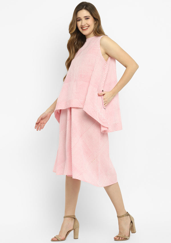 Pink White Hand Block Printed Striped Sleeveless Cotton Top with Mid Length Flared Pants