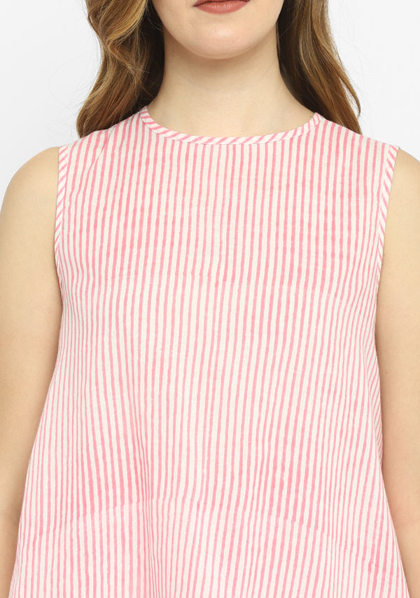 Pink White Hand Block Printed Striped Sleeveless Cotton Top with Mid Length Flared Pants