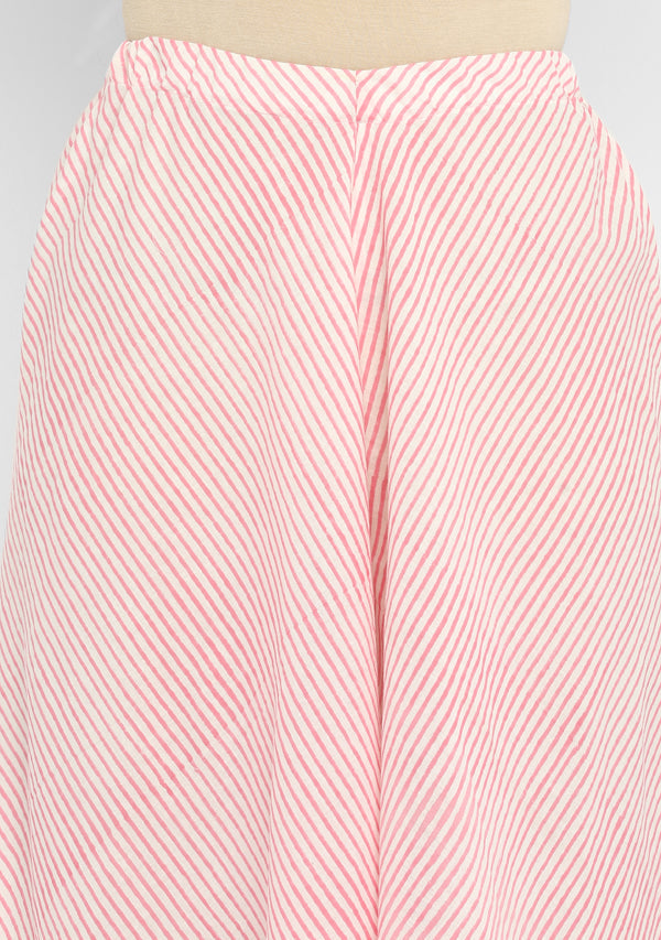 Pink White Hand Block Printed Striped Sleeveless Cotton Top with Mid Length Flared Pants