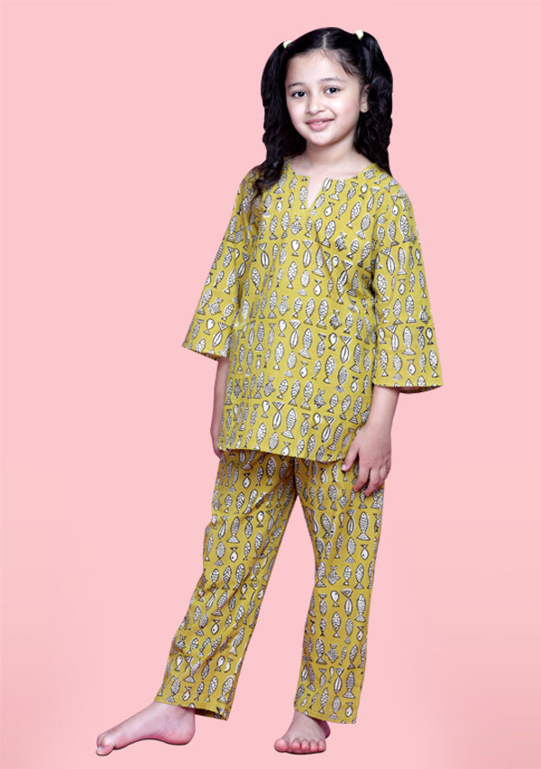 Mustard Ivory Fish Motif Hand Block Printed Cotton Night Suit for Kids - unidra.myshopify.com