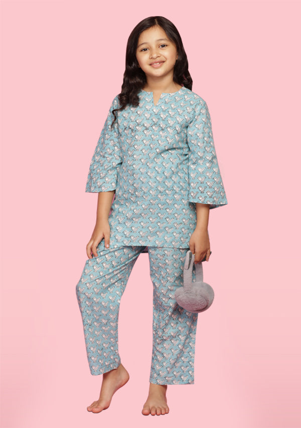 Aqua White Bird Motif Hand Block Printed Cotton Night Suit for Kids - unidra.myshopify.com