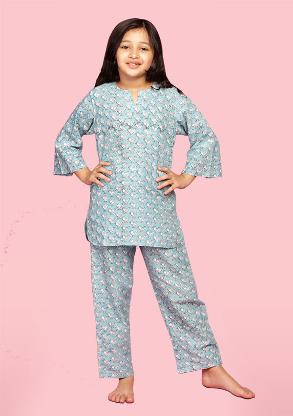 Aqua White Bird Motif Hand Block Printed Cotton Night Suit for Kids - unidra.myshopify.com