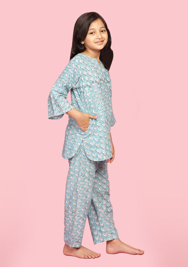 Aqua White Bird Motif Hand Block Printed Cotton Night Suit for Kids - unidra.myshopify.com