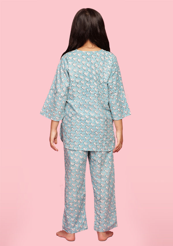 Aqua White Bird Motif Hand Block Printed Cotton Night Suit for Kids - unidra.myshopify.com