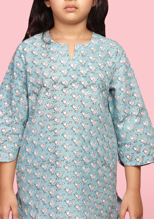 Aqua White Bird Motif Hand Block Printed Cotton Night Suit for Kids - unidra.myshopify.com