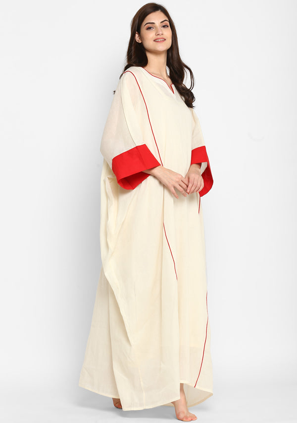 Off White And Red Mulmul Kaftan With Cuff Sleeves And Contrast Trimmings with Slip