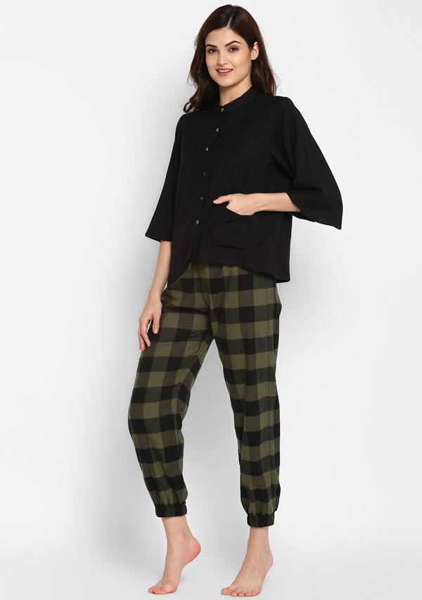 Flannel Green Black Checked  Jogger Pants with Black Cotton Top