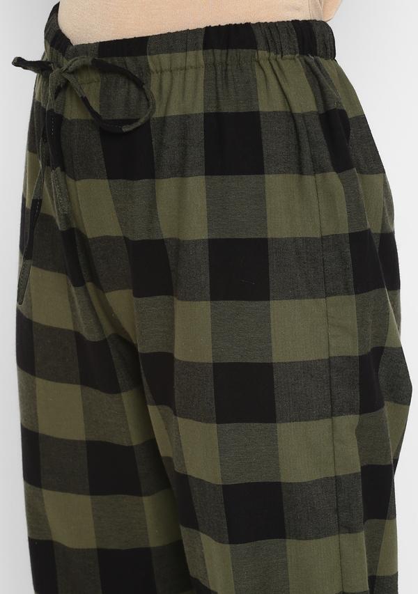 Flannel Green Black Checked  Jogger Pants with Black Cotton Top