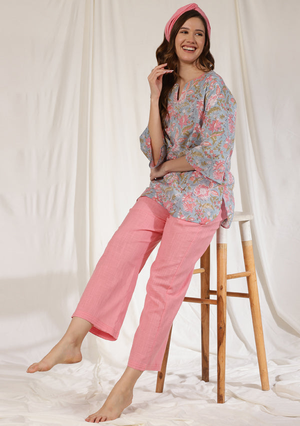 Blue Pink Floral Hand Block Printed Cotton Night Suit