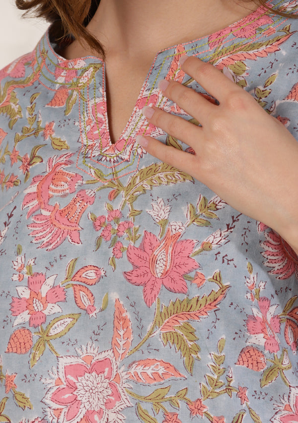 Blue Pink Floral Hand Block Printed Cotton Night Suit