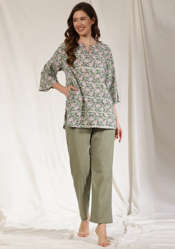 Pista Mauve Floral Hand Block Printed Cotton Night Suit