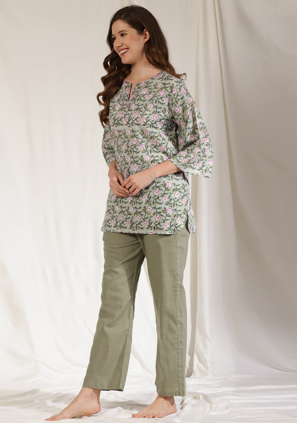 Pista Mauve Floral Hand Block Printed Cotton Night Suit