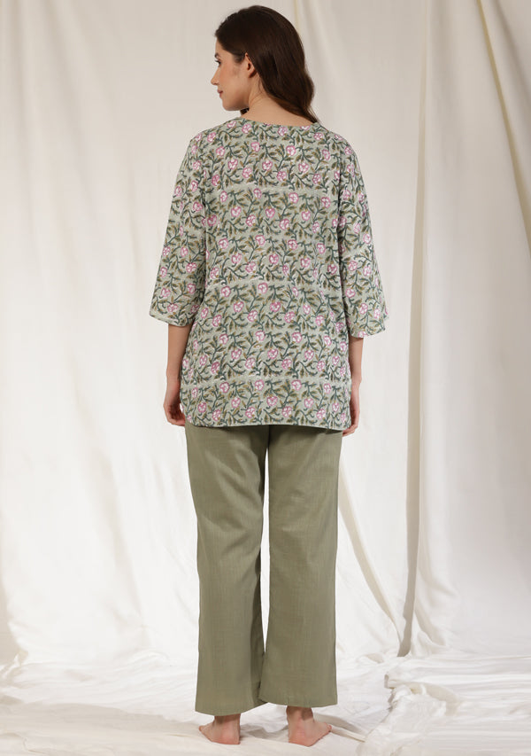 Pista Mauve Floral Hand Block Printed Cotton Night Suit
