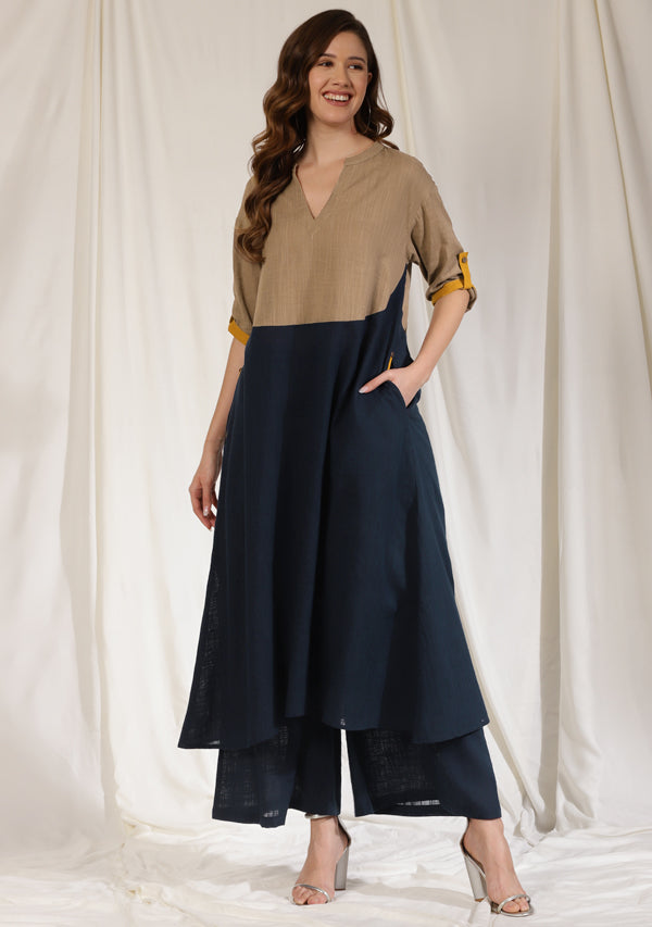 Navy Blue Cotton Co-ord Set with Brown Yoke and Contrast Trimmings