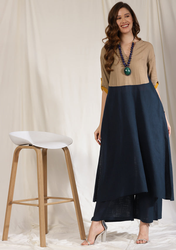 Navy Blue Cotton Co-ord Set with Brown Yoke and Contrast Trimmings