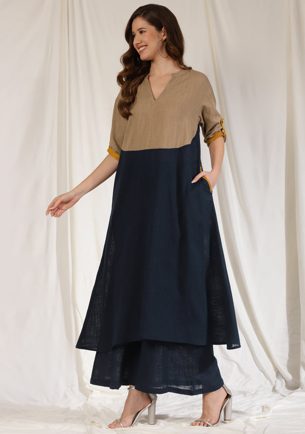 Navy Blue Cotton Co-ord Set with Brown Yoke and Contrast Trimmings