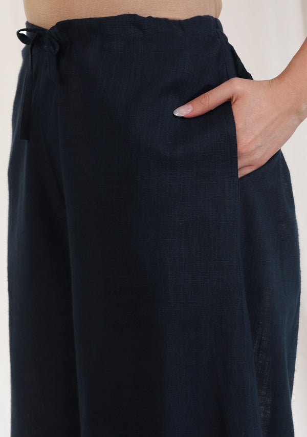 Navy Blue Cotton Co-ord Set with Brown Yoke and Contrast Trimmings